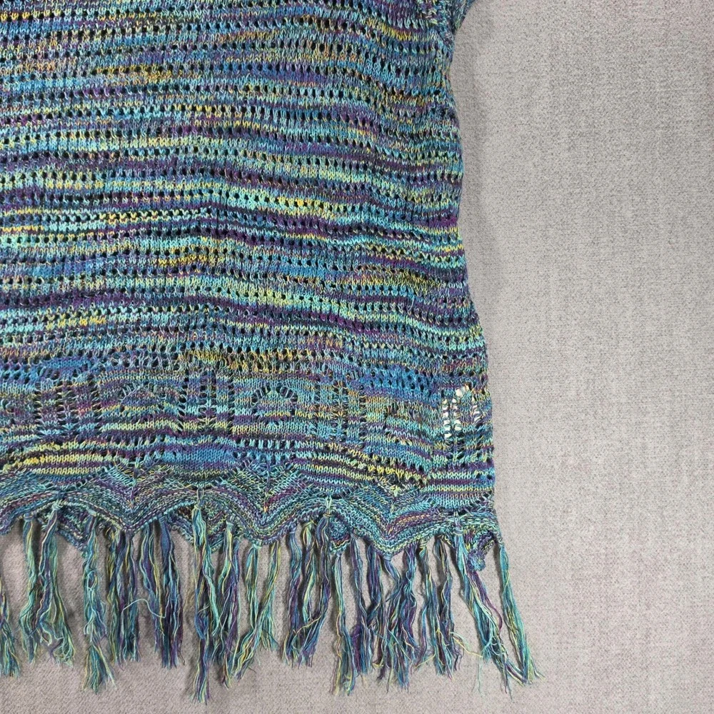 John Paul Richard Knit Top Womens XL Blue Space Dye Fringe Boho Short Sleeve